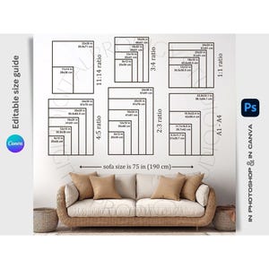 May include: A digital size guide for wall art featuring various aspect ratios and dimensions in inches and centimeters. The chart displays multiple frame sizes above a beige sofa, with text labels for ratios including 11:14, 3:4, 1:1, 4:5, 2:3, and A1-A4.