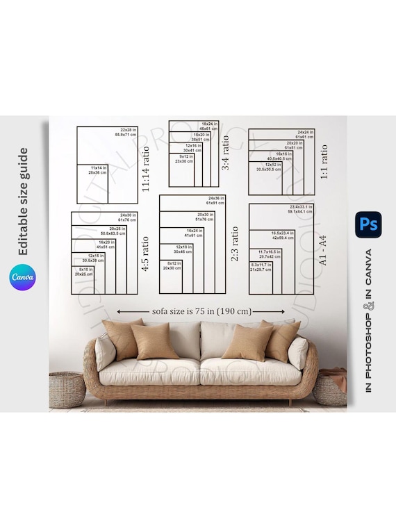 Wall Art Size Guide: Editable Canva & Photoshop Template (Digital Download)
