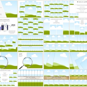 Puede incluir: Un paquete de papel digital con 30 patrones sin costuras que presentan una colina verde cubierta de hierba, un cielo azul y nubes blancas. El paquete incluye una gu&iacute;a de descarga, detalles ampliados y t&eacute;rminos de uso.