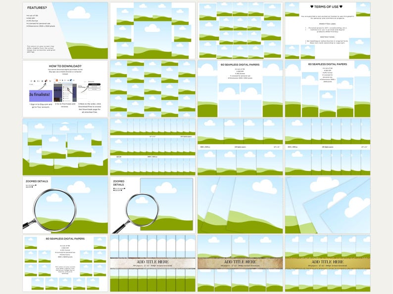 Puede incluir: Un paquete de papel digital con 30 patrones sin costuras que presentan una colina verde cubierta de hierba, un cielo azul y nubes blancas. El paquete incluye una gu&iacute;a de descarga, detalles ampliados y t&eacute;rminos de uso.
