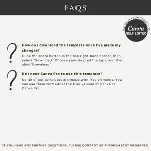 Puede incluir: Un gr&aacute;fico informativo titulado FAQS con una insignia circular negra que dice UNLEASH YOUR CREATIVITY Canva SELF EDITED. Proporciona instrucciones sobre c&oacute;mo descargar plantillas y confirma la compatibilidad con las versiones gratuita de Canva y Canva Pro.