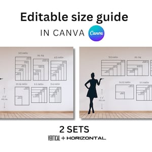 Guía de tamaño de arte de pared editable en dos juegos, guía de tamaño de marco, tabla de tamaño de póster, tabla comparativa, guía de tamaño de arte, vertical y horizontal