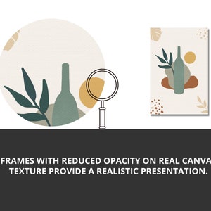May include: Abstract art print featuring a green bottle, leaves, and abstract shapes in shades of brown, yellow, and green. The print has a textured background, giving it a canvas-like appearance.