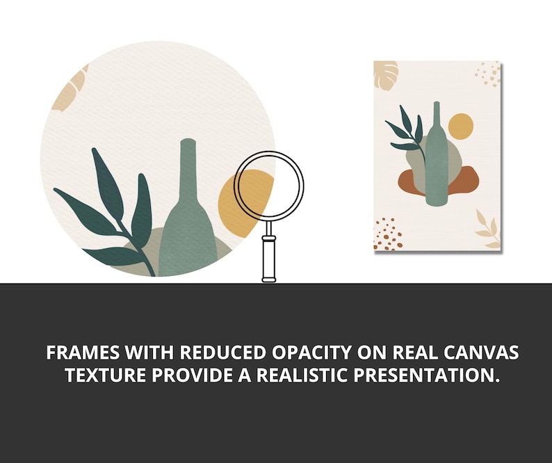 May include: Abstract art print featuring a green bottle, leaves, and abstract shapes in shades of brown, yellow, and green. The print has a textured background, giving it a canvas-like appearance.