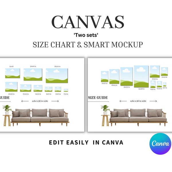 Two Sets Canvas sizes smart mockup, Editable Canvas size guide mockup, fram size guide Wall Art Size Guide, Print Size Guide, Artwork Guide