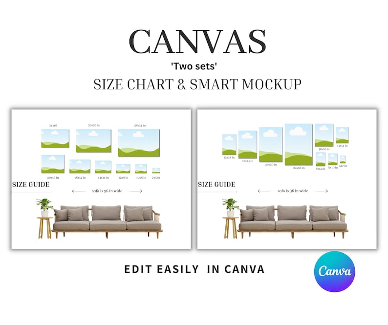 Two Sets Canvas Sizes Smart Mockup Editable Canvas Size Guide Etsy