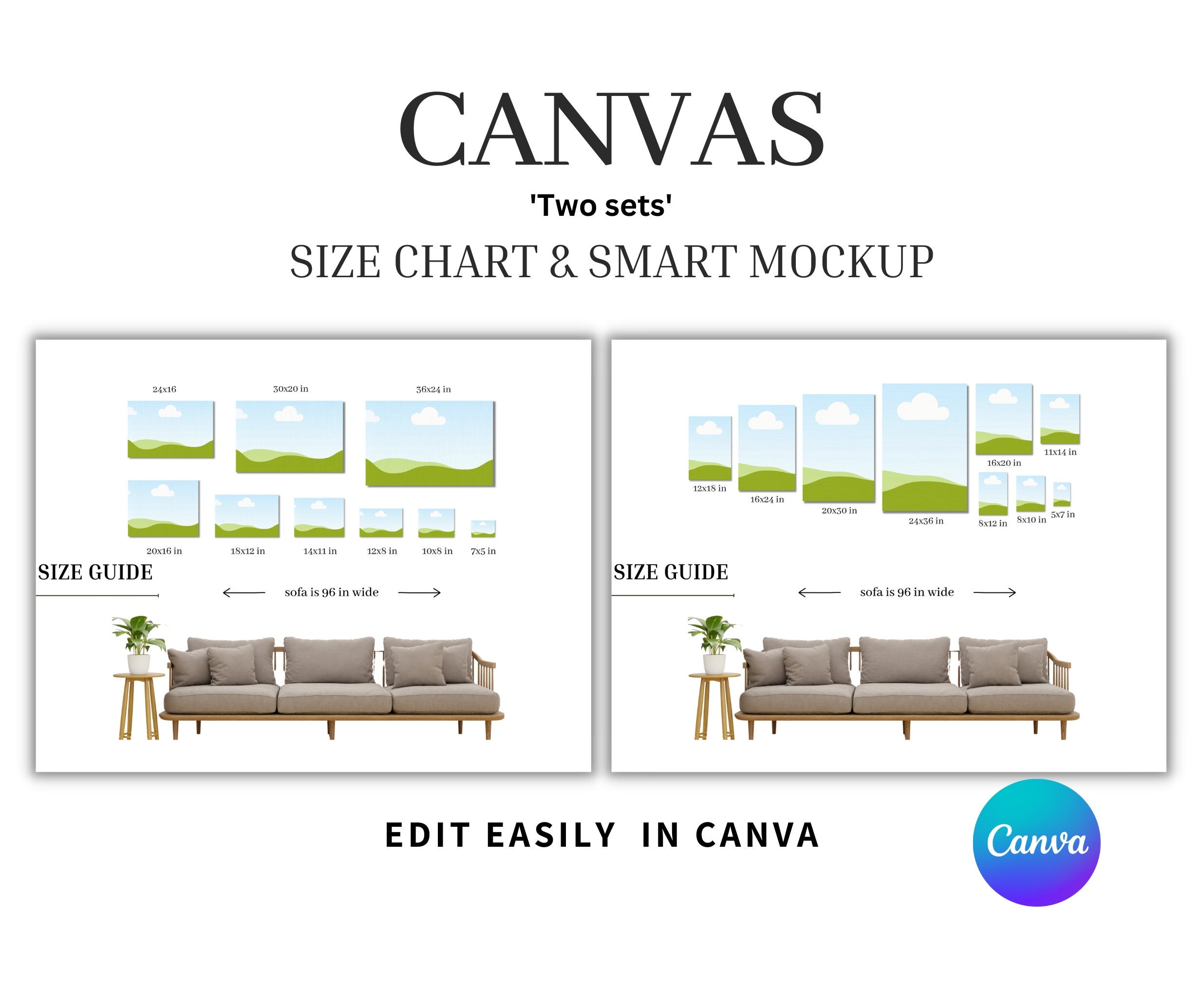 Two Sets Canvas Sizes Smart Mockup, Editable Canvas Size Guide Mockup, Fram Size  Guide Wall Art Size Guide, Print Size Guide, Artwork Guide 