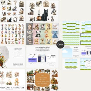 Puede incluir: Un conjunto de ilustraciones digitales con gr&aacute;ficos de acuarela de animales, Halloween y Navidad. El conjunto incluye una variedad de im&aacute;genes, como un gato negro, una calabaza, un hombre de jengibre y un &aacute;rbol de Navidad. Las im&aacute;genes son perfectas para usar en scrapbooking digital, creaci&oacute;n de tarjetas y otros proyectos creativos.