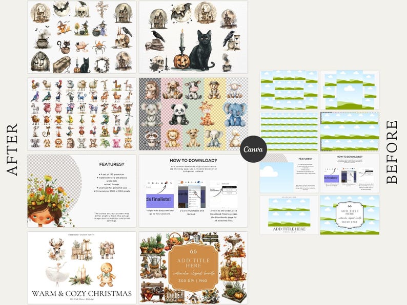 Puede incluir: Un conjunto de ilustraciones digitales con gr&aacute;ficos de acuarela de animales, Halloween y Navidad. El conjunto incluye una variedad de im&aacute;genes, como un gato negro, una calabaza, un hombre de jengibre y un &aacute;rbol de Navidad. Las im&aacute;genes son perfectas para usar en scrapbooking digital, creaci&oacute;n de tarjetas y otros proyectos creativos.