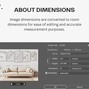 May include: A digital interface window titled ABOUT DIMENSIONS displaying image size settings. It shows a preview of a sofa with wall art frames, alongside input fields for width of 139 inches, height of 104.688 inches, and resolution of 32 pixels/inch.