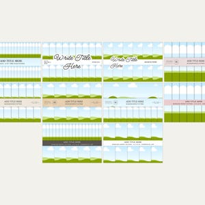 Puede incluir: Un conjunto digital imprimible de 16 dise&ntilde;os de papel para scrapbooking con patrones verdes y azules. El papel presenta un patr&oacute;n repetitivo de hierba verde, cielo azul y nubes blancas. El texto "Write Title Here" aparece en dos de los dise&ntilde;os.