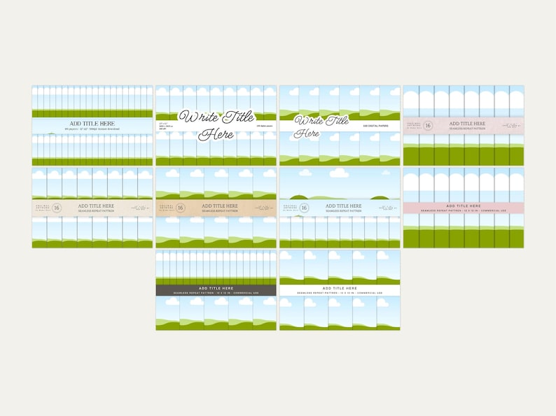 Puede incluir: Un conjunto digital imprimible de 16 dise&ntilde;os de papel para scrapbooking con patrones verdes y azules. El papel presenta un patr&oacute;n repetitivo de hierba verde, cielo azul y nubes blancas. El texto "Write Title Here" aparece en dos de los dise&ntilde;os.