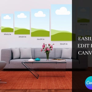 Pu&ograve; includere: Un set di cinque stampe d'arte digitale che presentano un semplice design di paesaggio con colline verdi, un cielo blu e nuvole bianche. Le stampe sono disponibili in cinque diverse dimensioni: 30,5 x 45,7 cm, 40,6 x 61 cm, 50,8 x 76,2 cm, 61 x 91,4 cm e 81,3 x 121,9 cm. Il testo "EASILY EDIT IN CANVA" &egrave; visualizzato sul lato destro dell'immagine.