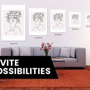 Pu&ograve; includere: Un disegno in bianco e nero di una donna con fiori tra i capelli. L'immagine &egrave; disponibile in quattro dimensioni: 11x14 pollici, 16x20 pollici, 20x30 pollici e 32x48 pollici.