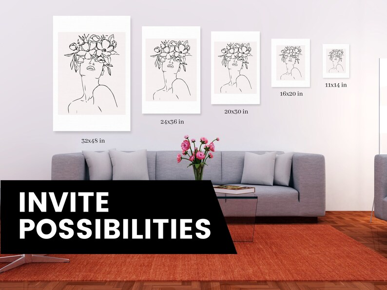 Pu&ograve; includere: Un disegno in bianco e nero di una donna con fiori tra i capelli. L'immagine &egrave; disponibile in quattro dimensioni: 11x14 pollici, 16x20 pollici, 20x30 pollici e 32x48 pollici.