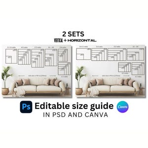 Two Sets Frame Size Guide, Vertical & Horizontal Wall Art Size Guides: Editable Templates for Photoshop and Canva
