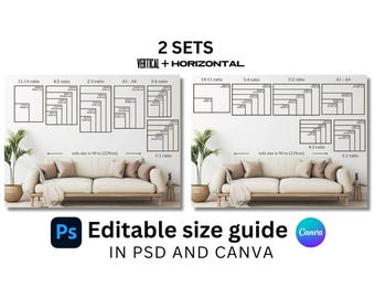 Two Sets Frame Size Guide, Vertical & Horizontal Wall Art Size Guides: Editable Templates for Photoshop and Canva