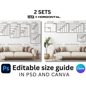 Guía de tamaños de marcos para dos juegos, guías de tamaños de arte mural verticales y horizontales: plantillas editables para Photoshop y Canva