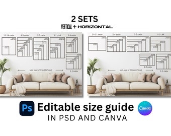 Deux ensembles de guides des tailles de cadre, guides des tailles d&#39;art mural vertical et horizontal : modèles modifiables pour Photoshop et Canva