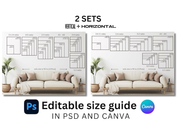 Two Sets Frame Size Guide, Vertical & Horizontal Wall Art Size Guides: Editable Templates for Photoshop and Canva