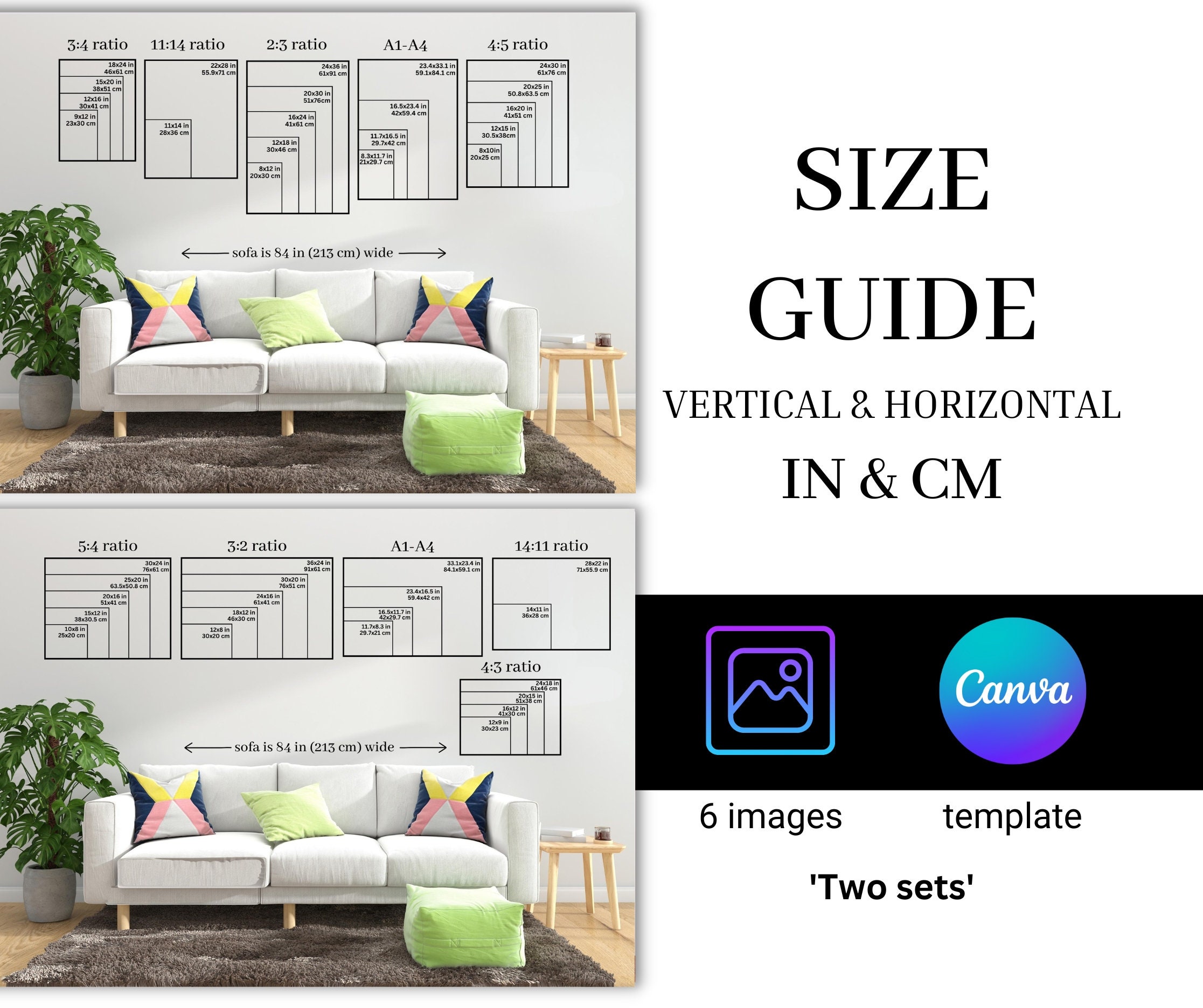 Horizontal Sizing Wall Art Size Guide2 Sets vertical and Horizontal Frame Size - Etsy