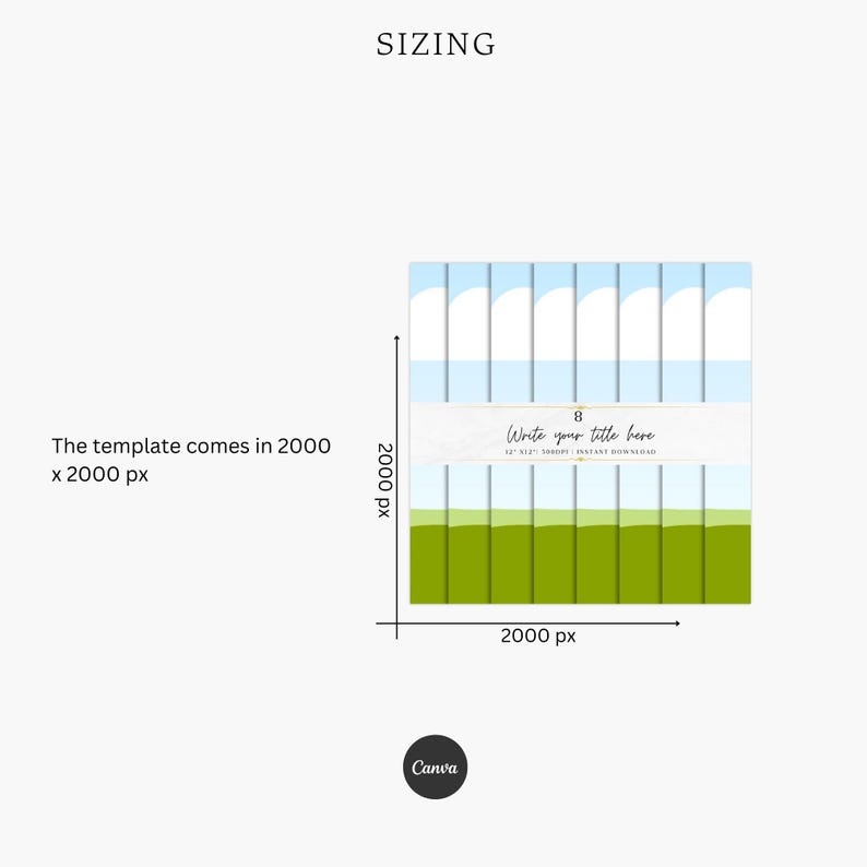 May include: A digital template for a printable planner with a blue sky and green grass design. The template is 2000 x 2000 pixels and includes the text "Write your title here".