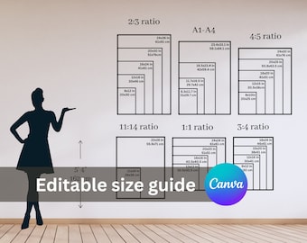 May include: A white wall with a black silhouette of a person standing in front of it. The wall has a chart with different aspect ratios and their corresponding measurements in inches and centimeters. The chart is titled "Editable size guide Canva".