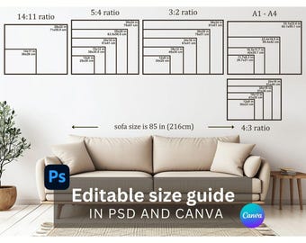 May include: An editable size guide for wall art featuring various aspect ratios including 14:11, 5:4, 3:2, A1-A4, and 4:3. The graphic displays multiple frame dimensions in inches above a beige sofa measuring 85 inches. Includes Ps and Canva logos.
