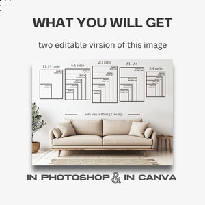 May include: A digital graphic displaying various print size ratios including 11:14, 4:5, 2:3, A1-A4, and 3:4, with specific dimensions in inches listed for each. The text reads WHAT YOU WILL GET, two editable version of this image, and IN PHOTOSHOP & IN CANVA.