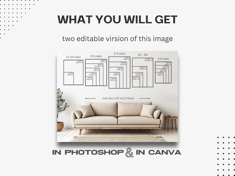 May include: A digital graphic displaying various print size ratios including 11:14, 4:5, 2:3, A1-A4, and 3:4, with specific dimensions in inches listed for each. The text reads WHAT YOU WILL GET, two editable version of this image, and IN PHOTOSHOP & IN CANVA.