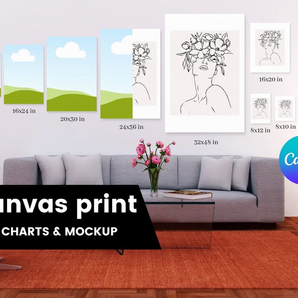 canvas wall art size guide mock up, canvas comparison wall mock up, wall portrait sizing guide, wall art size guide, frame size guide mockup