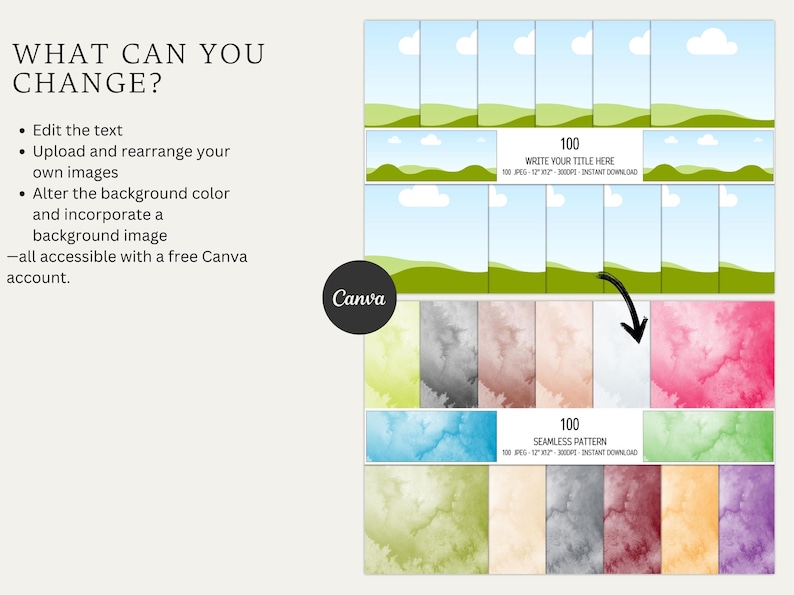 Puede incluir: Una plantilla de dise&ntilde;o de Canva con un cielo azul, colinas verdes y nubes blancas. El texto "WRITE YOUR TITLE HERE" se muestra en la plantilla. La plantilla est&aacute; disponible para descarga instant&aacute;nea.