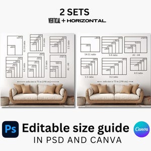 Plantilla de tabla de tamaños de arte mural en Photoshop y Canva: guía de tamaños de arte mural editable / guía de tamaños de impresiones / tabla de tamaños de pósteres