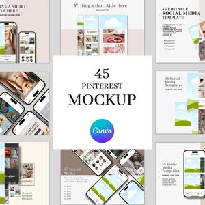 May include: A mockup of 45 Pinterest social media templates. The templates are displayed on a smartphone screen. The templates feature a variety of designs, including images, text, and graphics. The text on the templates includes the words "45 Social Media Templates", "Aesthetic", "New Fashion", and "Pnow".