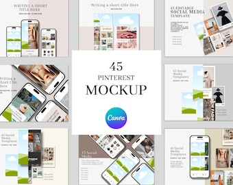 May include: A mockup of 45 Pinterest social media templates. The templates are displayed on a smartphone screen. The templates feature a variety of designs, including images, text, and graphics. The text on the templates includes the words "45 Social Media Templates", "Aesthetic", "New Fashion", and "Pnow".