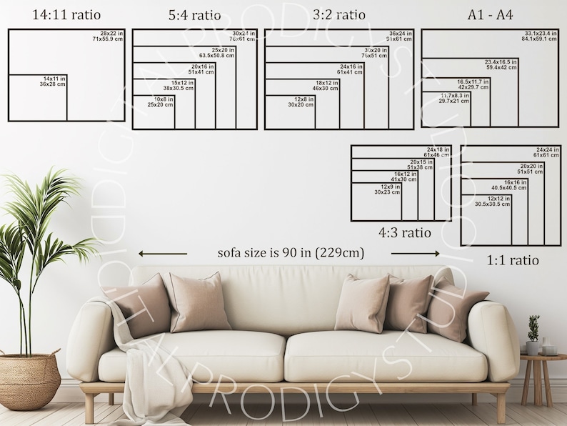 Two Sets Frame Size Guide, Vertical & Horizontal Wall Art Size Guides: Editable Templates for Photoshop and Canva