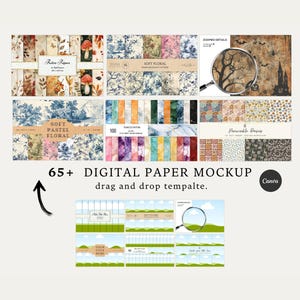 Può includere: Una collezione di oltre 65 mockup di carta digitale con vari motivi, tra cui funghi retrò, disegni floreali delicati, temi di Halloween, texture marmorizzate e stampe a margherite. Include etichette di testo e un'icona a forma di lente.