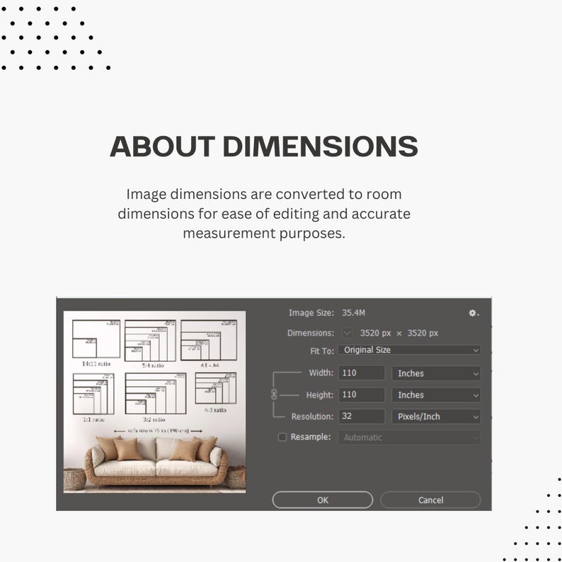 Editable wall art size guide template showcasing how different sizes appear in a modern room setting. Suitable for Canva and Photoshop, this ready-to-use image helps visualize wall art dimensions for any space