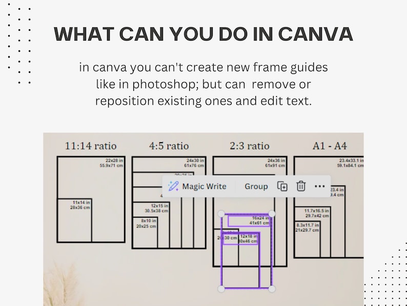May include: An informational graphic titled WHAT CAN YOU DO IN CANVA with text explaining frame guide editing. Below, a diagram displays various aspect ratios including 11:14, 4:5, 2:3, and A1-A4 with specific dimensions in inches and centimeters listed.