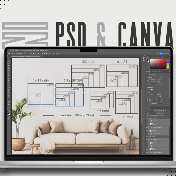 Create Custom Wall Art Size Guides in Photoshop & Canva: Editable Horizontal Templates ,Poster Size Chart,Frame Size Guide