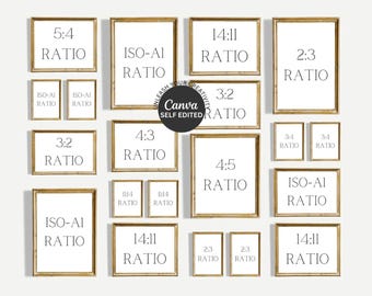 Puede incluir: Una colección de veintiún marcos rectangulares con bordes dorados dispuestos en una cuadrícula. Cada marco contiene texto blanco que indica varias relaciones de aspecto como 5:4, ISO-A1, 14:11, 2:3, 3:2, 4:3, 4:5, 3:4 y 11:4. Un logotipo circular negro con el texto Canva Self Edited está centrado.