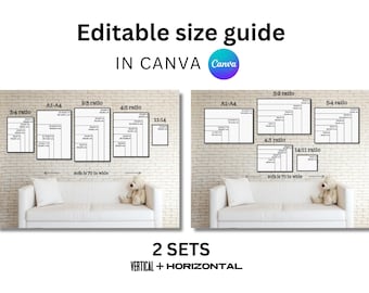 Könnte beinhalten: Ein Leitfaden zum Erstellen von druckbaren Kunstdrucken in Canva, der verschiedene Seitenverhältnisse und Größen für ein 178 cm breites Sofa zeigt. Der Leitfaden umfasst die Verhältnisse 3:4, A1-A4, 2:3, 4:5, 11:14, 3:2, 4:3 und 14:11.