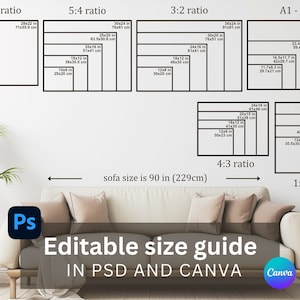 Photoshop と Canva でカスタム ウォール アート サイズ ガイドを作成: 編集可能な横型テンプレート、ポスター サイズ チャート、フレーム サイズ ガイド