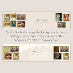 May include: Two horizontal shop banner templates featuring gold-framed art prints arranged on a light beige background. The text reads SHOP NAME, INCLUDE A SUBHEADING, and Modify the text, change the background colour or adding a background image.