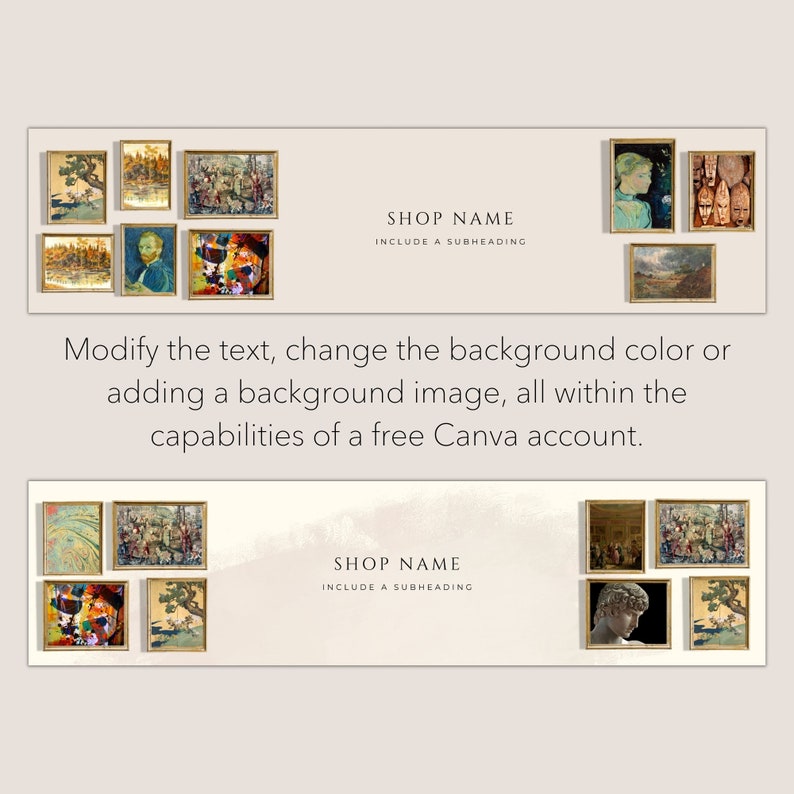 May include: Two horizontal shop banner templates featuring gold-framed art prints arranged on a light beige background. The text reads SHOP NAME, INCLUDE A SUBHEADING, and Modify the text, change the background colour or adding a background image.