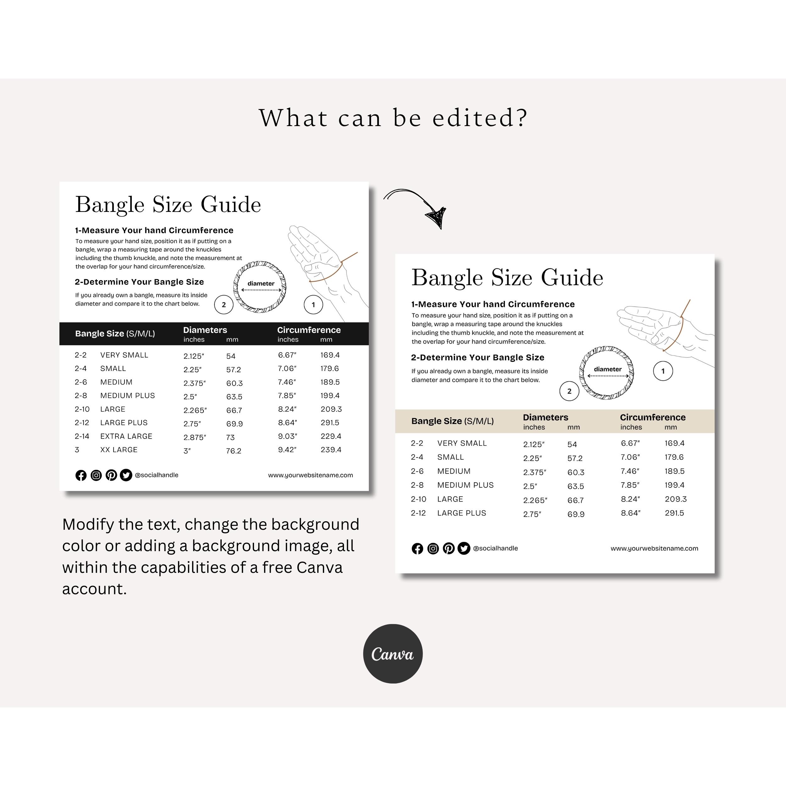 Editable Bangle Size Chart Template: Printable Jewelry Sizing Guide ...