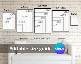 May include: A guide for choosing the right size for a print, showing different aspect ratios and measurements in inches and centimeters. The guide is displayed on a white brick wall with a white sofa in front of it. The text "Editable size guide Canva" is at the bottom of the image.