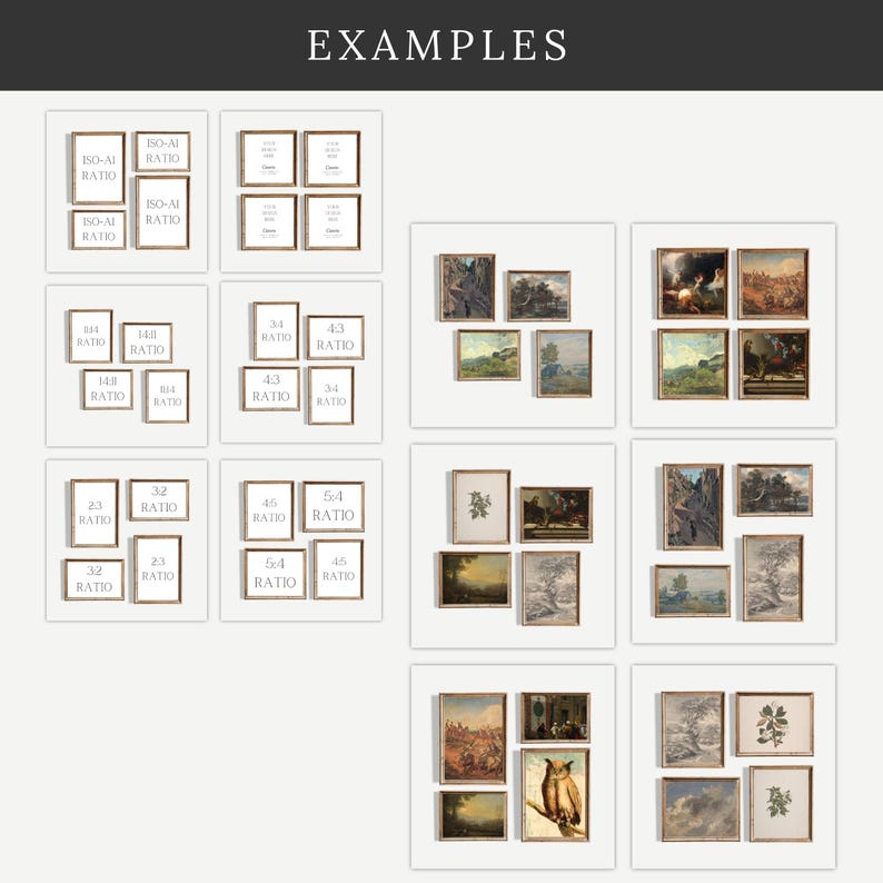 May include: Examples of different picture frame arrangements with various aspect ratios, including 1:1, 3:4, 4:3, 2:3, 3:2, 4:5, 5:4. The frames are all in a light wood color and have a simple design.