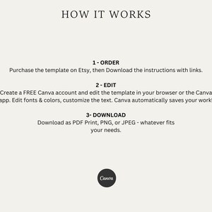 Puede incluir: C&oacute;mo usar una plantilla de Canva: 1. Pide la plantilla en Etsy. 2. Edita la plantilla en tu navegador o en la aplicaci&oacute;n Canva. 3. Descarga la plantilla como PDF, PNG o JPEG.