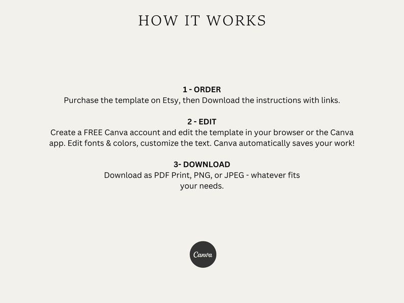 Puede incluir: C&oacute;mo usar una plantilla de Canva: 1. Pide la plantilla en Etsy. 2. Edita la plantilla en tu navegador o en la aplicaci&oacute;n Canva. 3. Descarga la plantilla como PDF, PNG o JPEG.